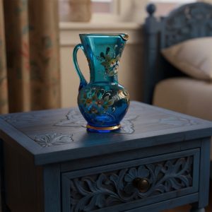 Antique French Blue Gold Glass Mini Jug Vase Carafe Pen Pot Catch All Toothbrush Holder Display Feature Design Decor c1920's / EVE
